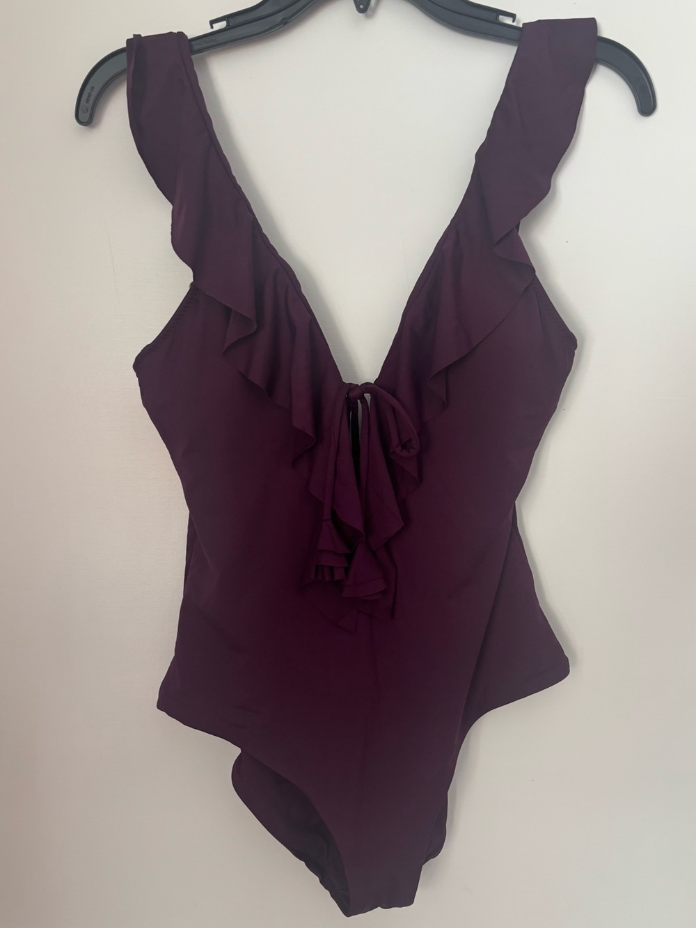 BECCA Plum Ruffle V-Neck One-Piece Swimsuit size small